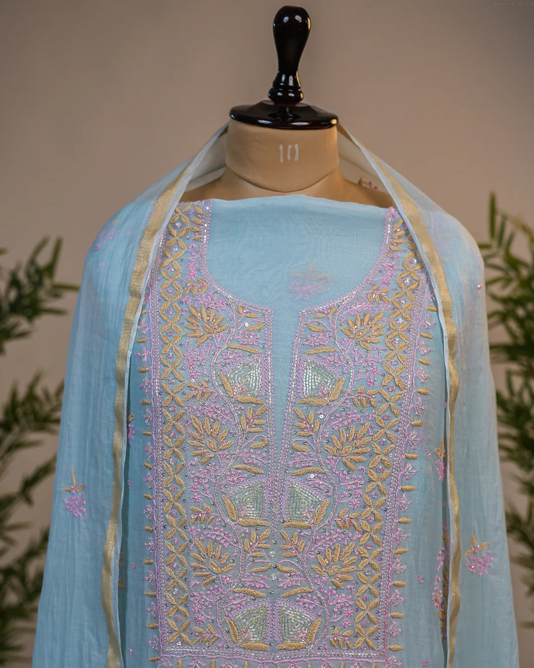 Powder Blue Handcrafted Lucknowi Chikankari Unstitched Ensemble With Dupatta