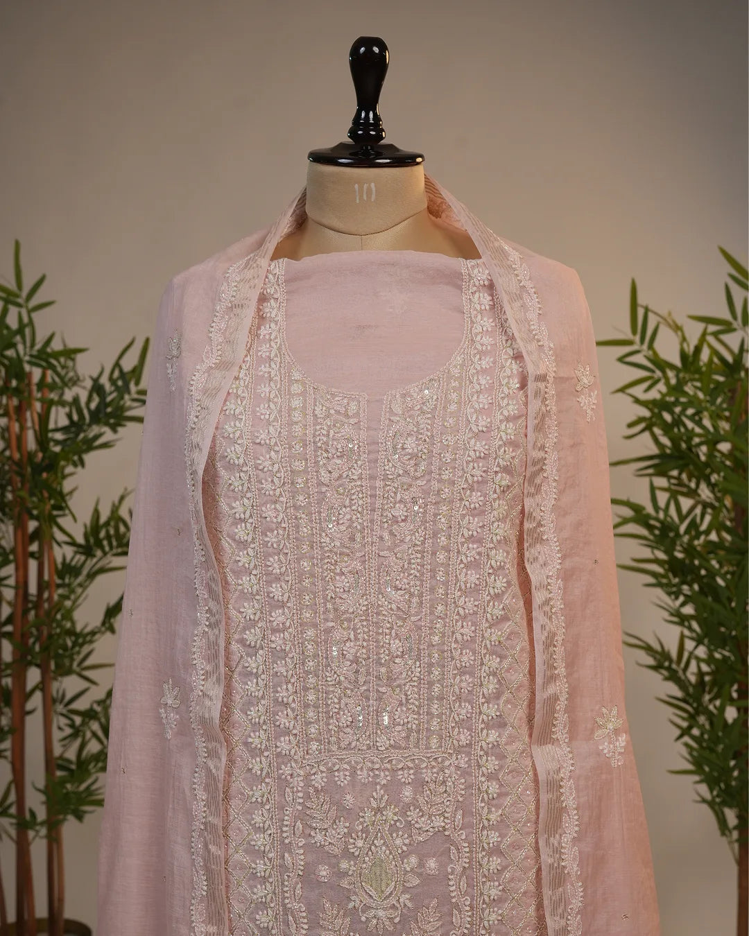 Blush Pink Handcrafted Lucknowi Chikankari Unstitched Ensemble With Dupatta