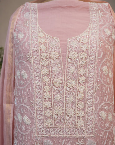 Blush Pink Handcrafted Lucknowi Chikankari Unstitched Ensemble With Dupatta