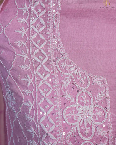 Soft Blush Pink Handcrafted Lucknowi Chikankari Unstitched Ensemble with Mul Chanderi Dupatta