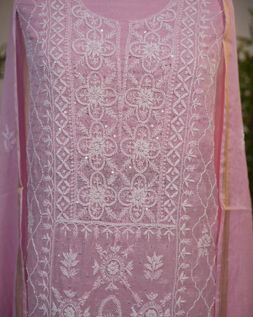 Soft Blush Pink Handcrafted Lucknowi Chikankari Unstitched Ensemble with Mul Chanderi Dupatta
