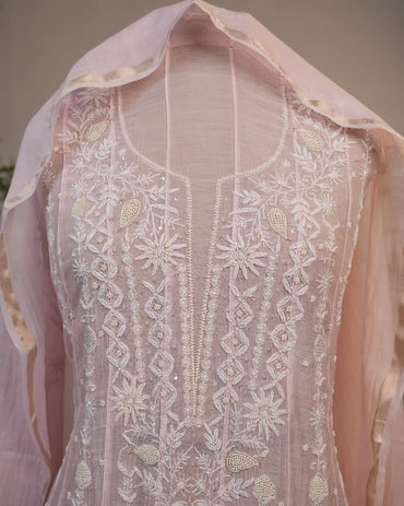 Blush Pink Handcrafted Lucknowi Chikankari Unstitched Ensemble With Dupatta