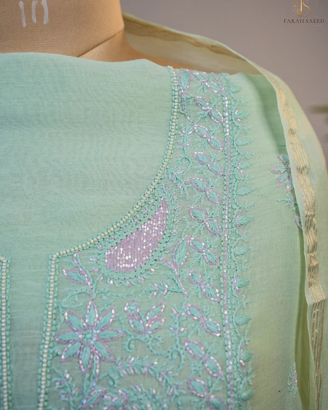 Mint Green Handcrafted Lucknowi Chikankari Unstitched Ensemble With Dupatta