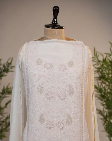 Ivory White Handcrafted Lucknowi Chikankari Unstitched Ensemble With Dupatta