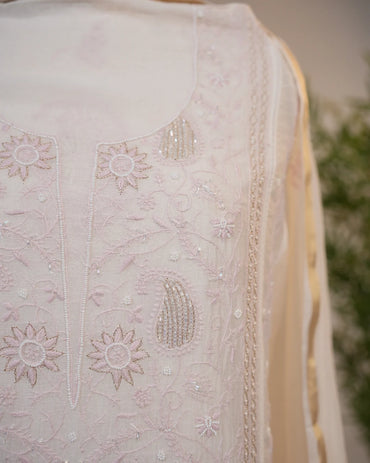 Ivory White Handcrafted Lucknowi Chikankari Unstitched Ensemble With Dupatta