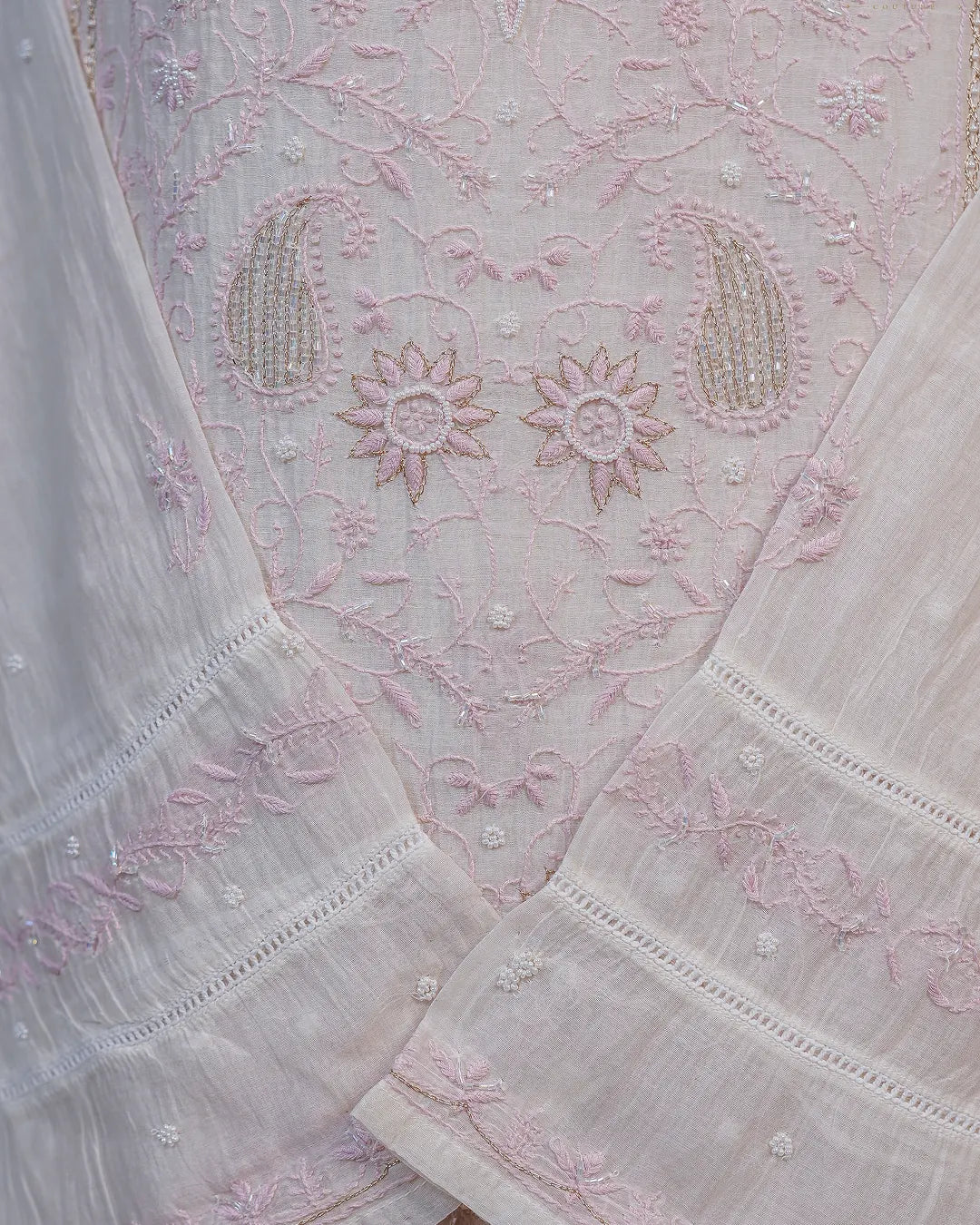 Ivory White Handcrafted Lucknowi Chikankari Unstitched Ensemble With Dupatta
