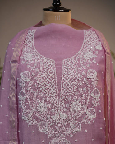 Rose Pink Handcrafted Lucknowi Chikankari Unstitched Ensemble With Dupatta