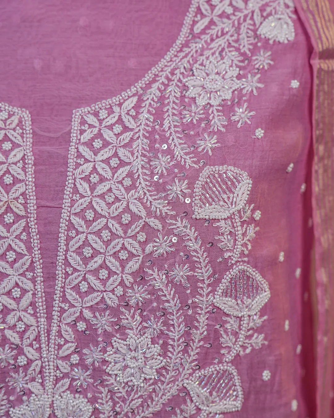 Rose Pink Handcrafted Lucknowi Chikankari Unstitched Ensemble With Dupatta