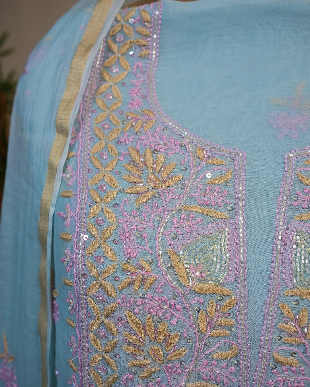 Powder Blue Handcrafted Lucknowi Chikankari Unstitched Ensemble With Dupatta