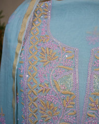 Powder Blue Handcrafted Lucknowi Chikankari Unstitched Ensemble With Dupatta
