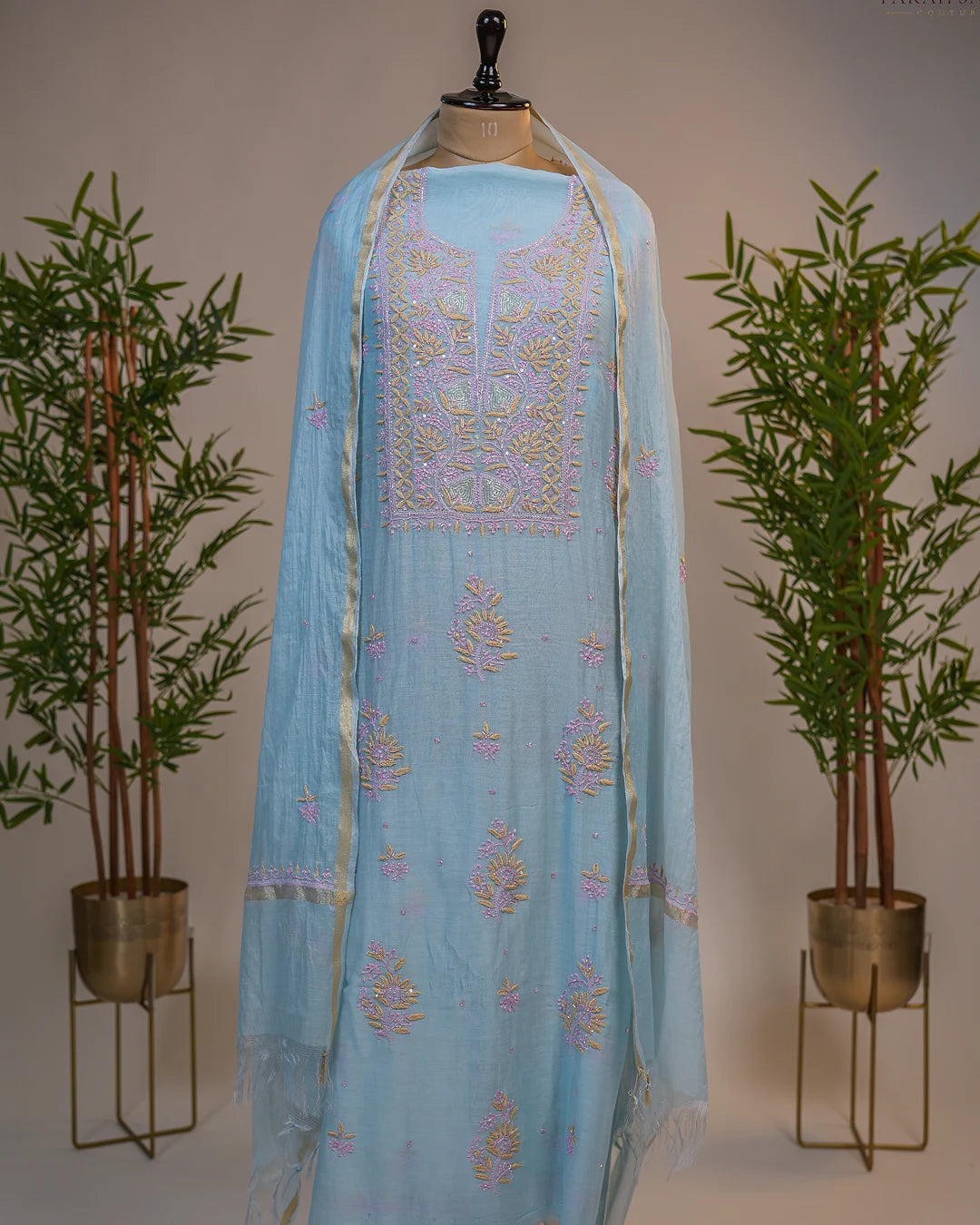 Powder Blue Handcrafted Lucknowi Chikankari Unstitched Ensemble With Dupatta