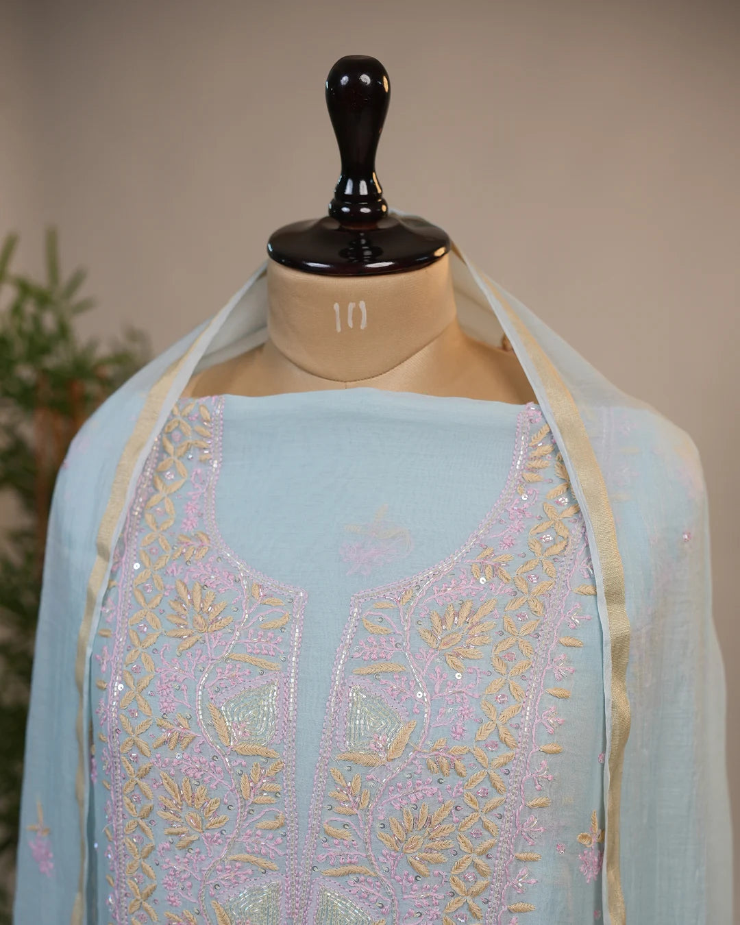 Powder Blue Handcrafted Lucknowi Chikankari Unstitched Ensemble With Dupatta