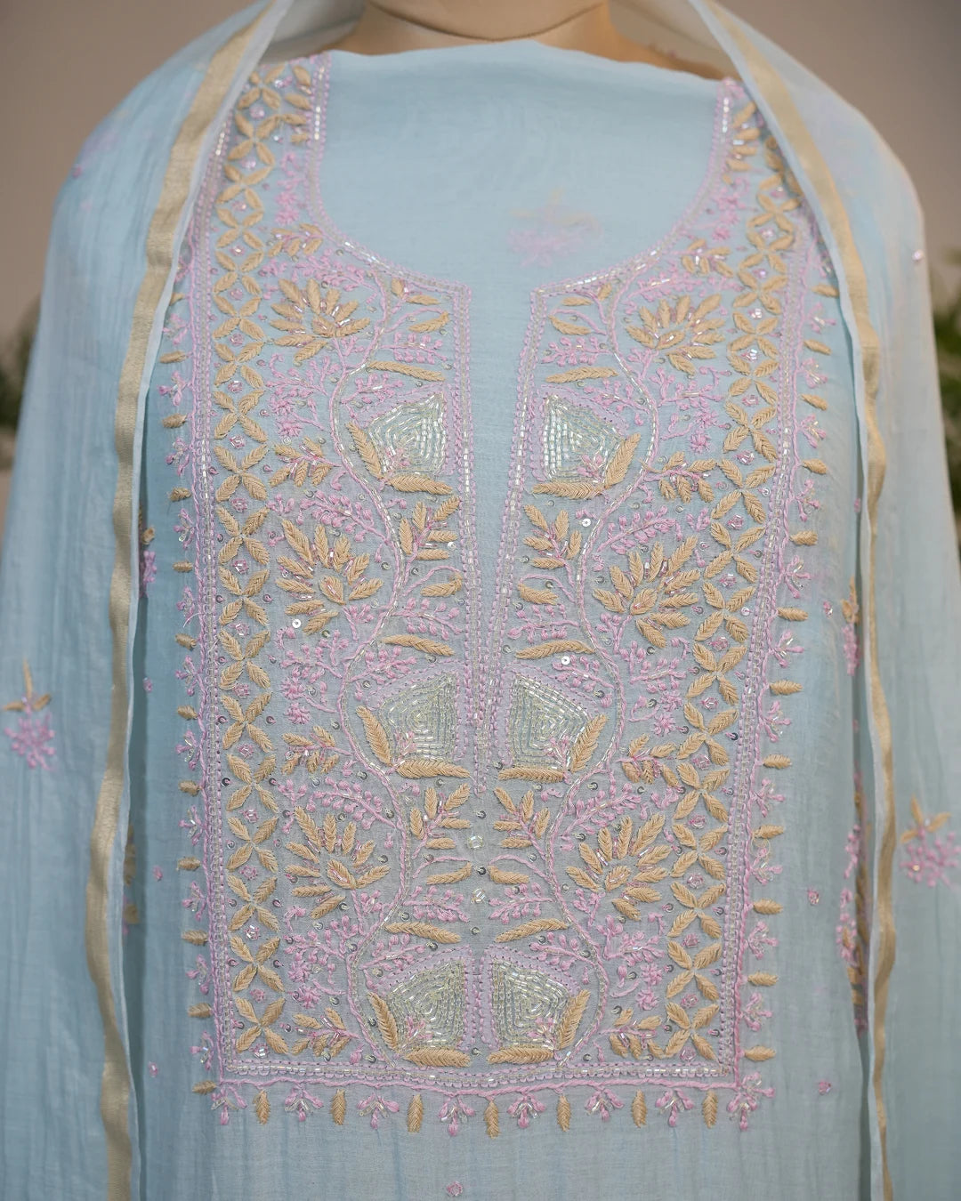 Powder Blue Handcrafted Lucknowi Chikankari Unstitched Ensemble With Dupatta