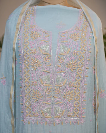 Powder Blue Handcrafted Lucknowi Chikankari Unstitched Ensemble With Dupatta