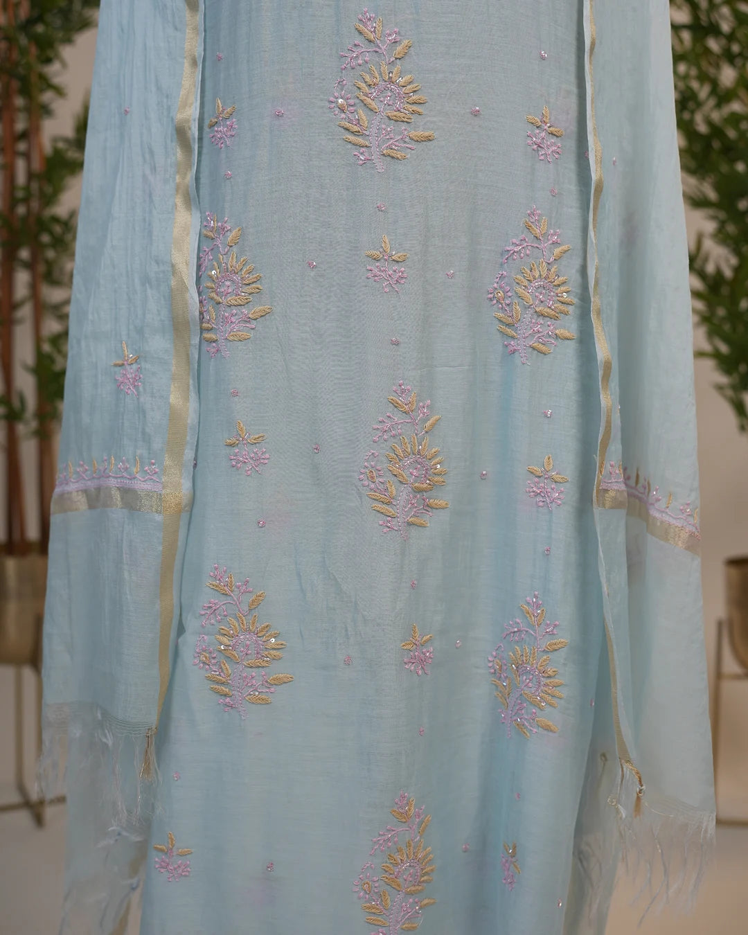 Powder Blue Handcrafted Lucknowi Chikankari Unstitched Ensemble With Dupatta