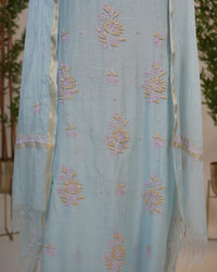 Powder Blue Handcrafted Lucknowi Chikankari Unstitched Ensemble With Dupatta