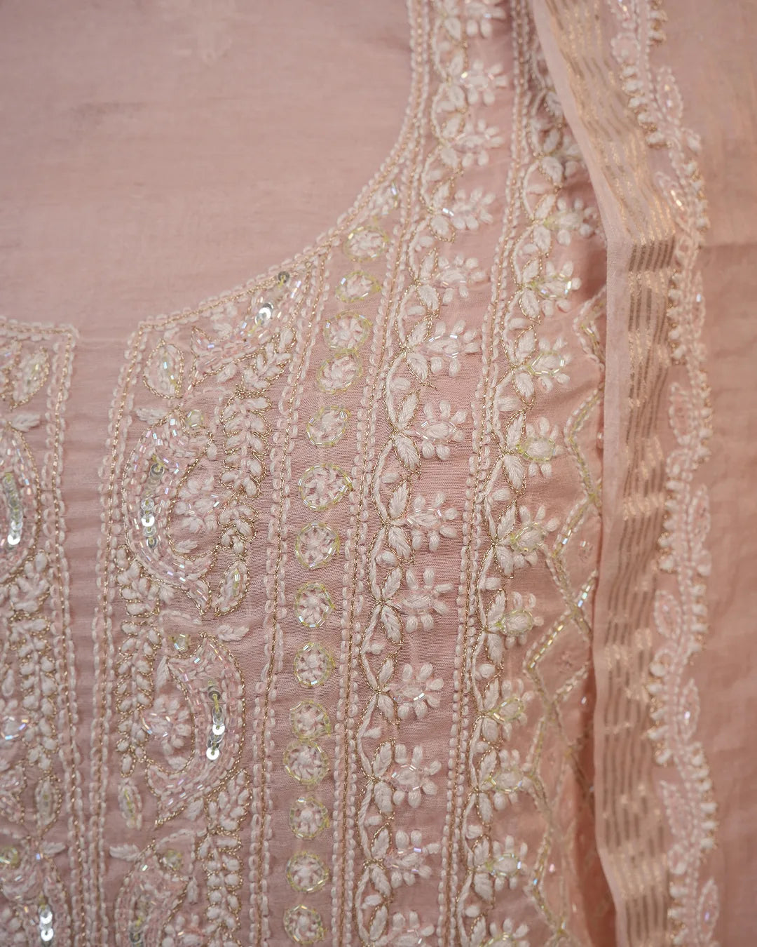 Blush Pink Handcrafted Lucknowi Chikankari Unstitched Ensemble With Dupatta