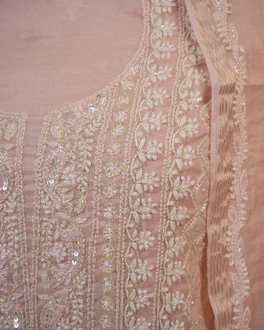 Blush Pink Handcrafted Lucknowi Chikankari Unstitched Ensemble With Dupatta