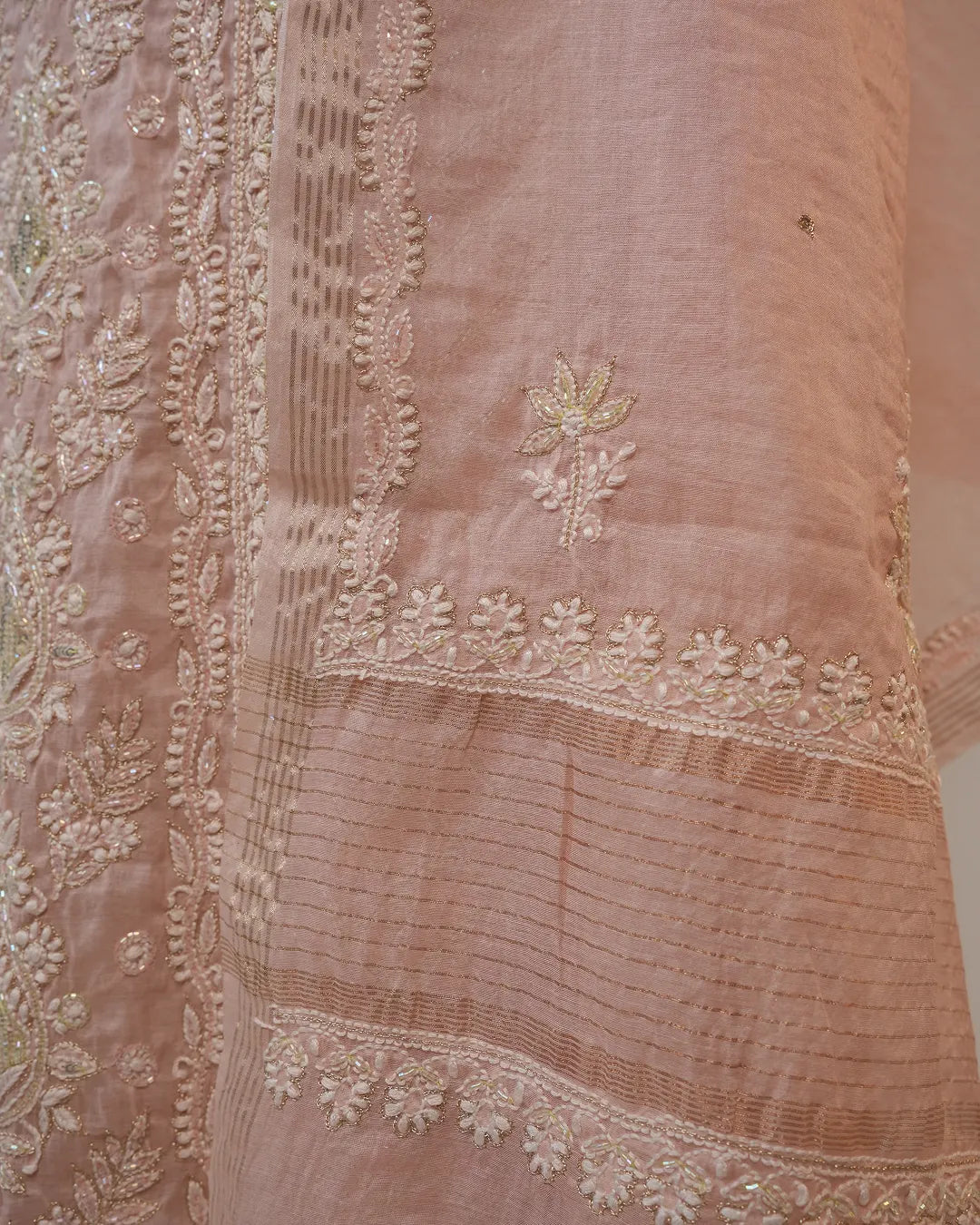 Blush Pink Handcrafted Lucknowi Chikankari Unstitched Ensemble With Dupatta