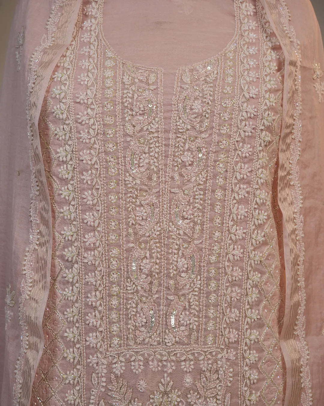 Blush Pink Handcrafted Lucknowi Chikankari Unstitched Ensemble With Dupatta