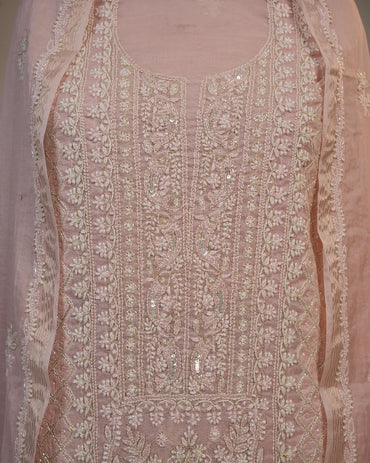 Blush Pink Handcrafted Lucknowi Chikankari Unstitched Ensemble With Dupatta