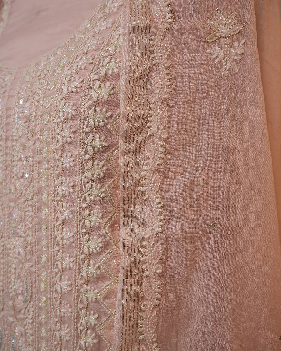 Blush Pink Handcrafted Lucknowi Chikankari Unstitched Ensemble With Dupatta