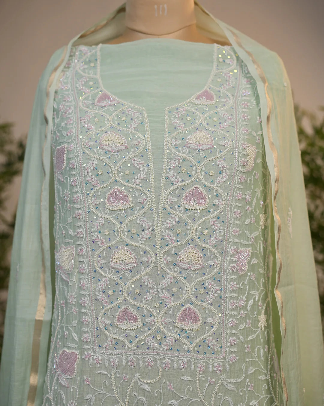 Mint Green Handcrafted Lucknowi Chikankari Unstitched Ensemble With Dupatta