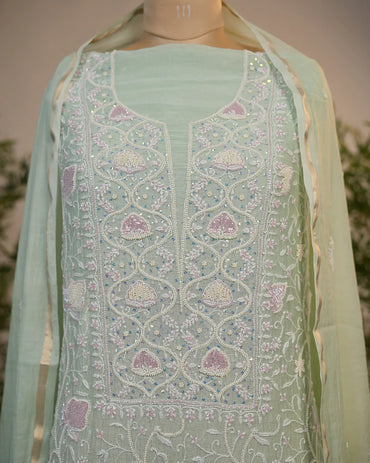 Mint Green Handcrafted Lucknowi Chikankari Unstitched Ensemble With Dupatta
