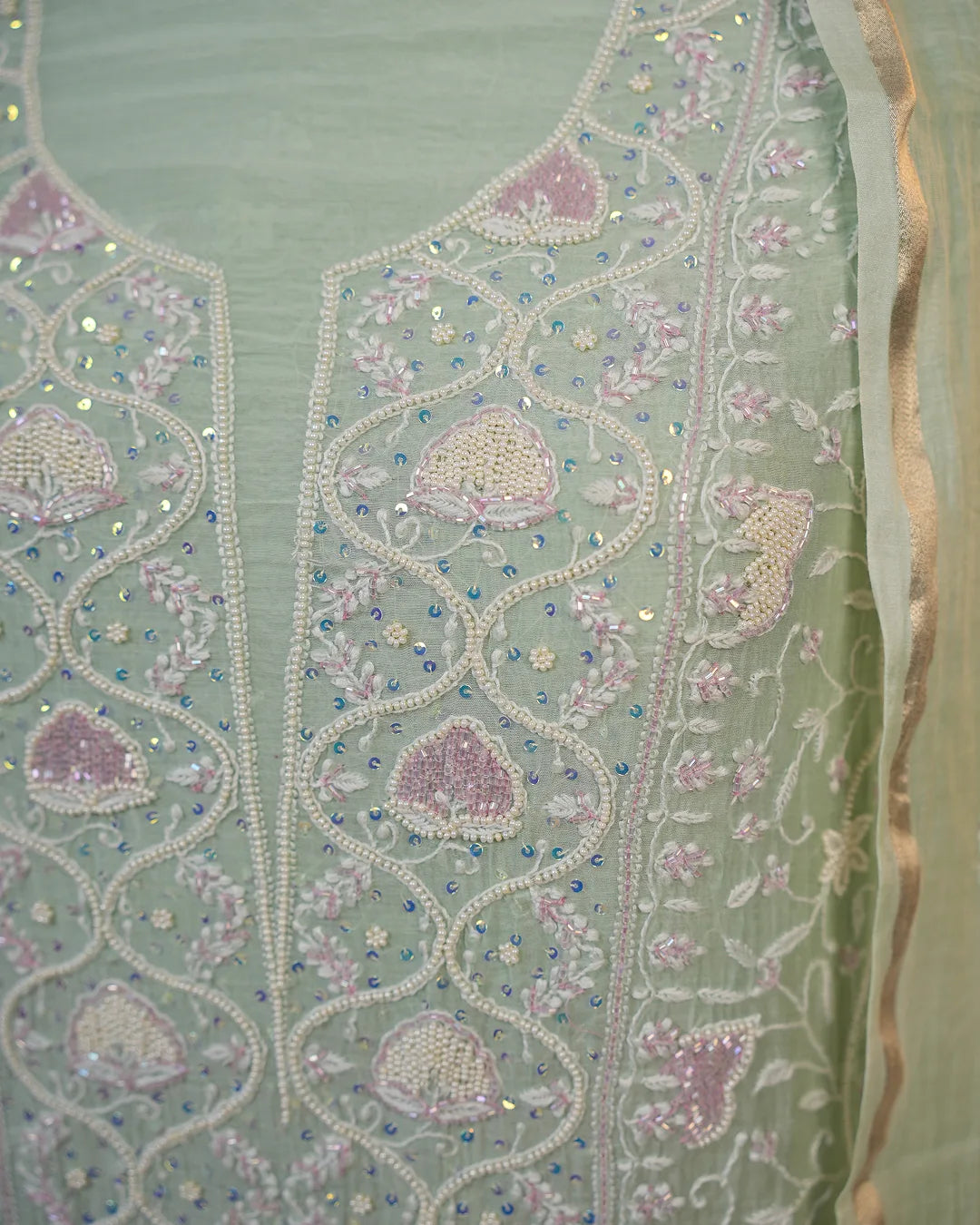 Mint Green Handcrafted Lucknowi Chikankari Unstitched Ensemble With Dupatta