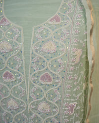 Mint Green Handcrafted Lucknowi Chikankari Unstitched Ensemble With Dupatta