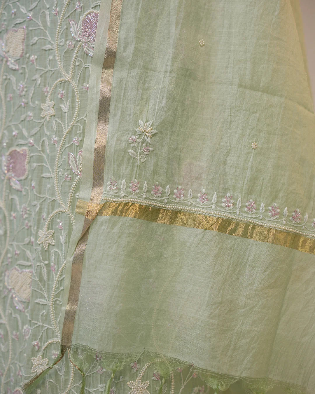 Mint Green Handcrafted Lucknowi Chikankari Unstitched Ensemble With Dupatta