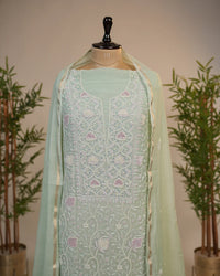 Mint Green Handcrafted Lucknowi Chikankari Unstitched Ensemble With Dupatta