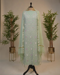Mint Green Handcrafted Lucknowi Chikankari Unstitched Ensemble With Dupatta