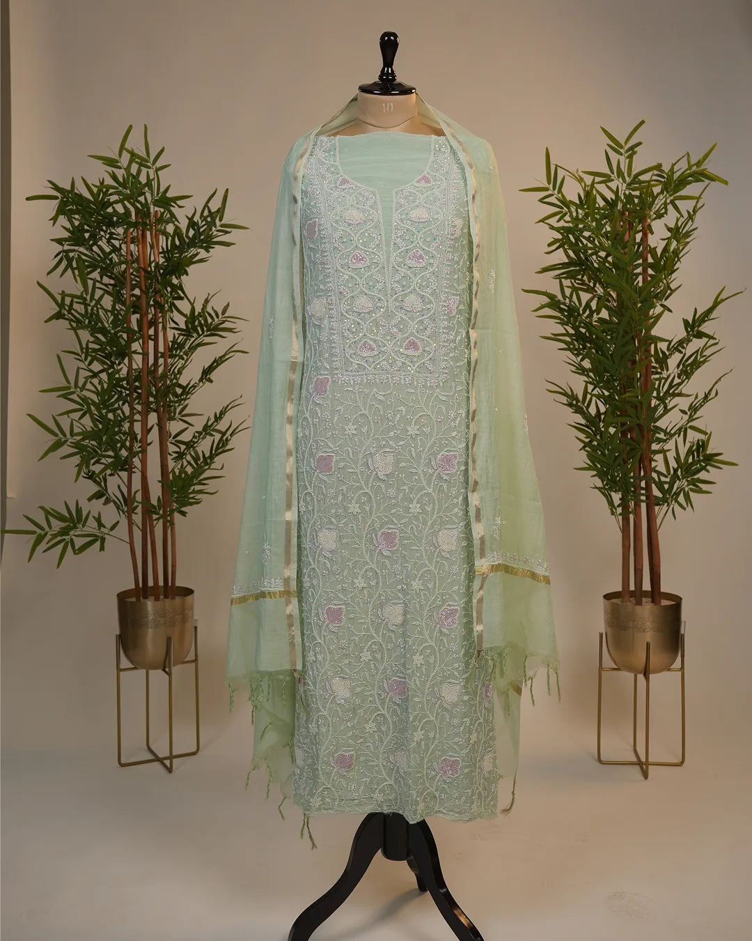 Mint Green Handcrafted Lucknowi Chikankari Unstitched Ensemble With Dupatta