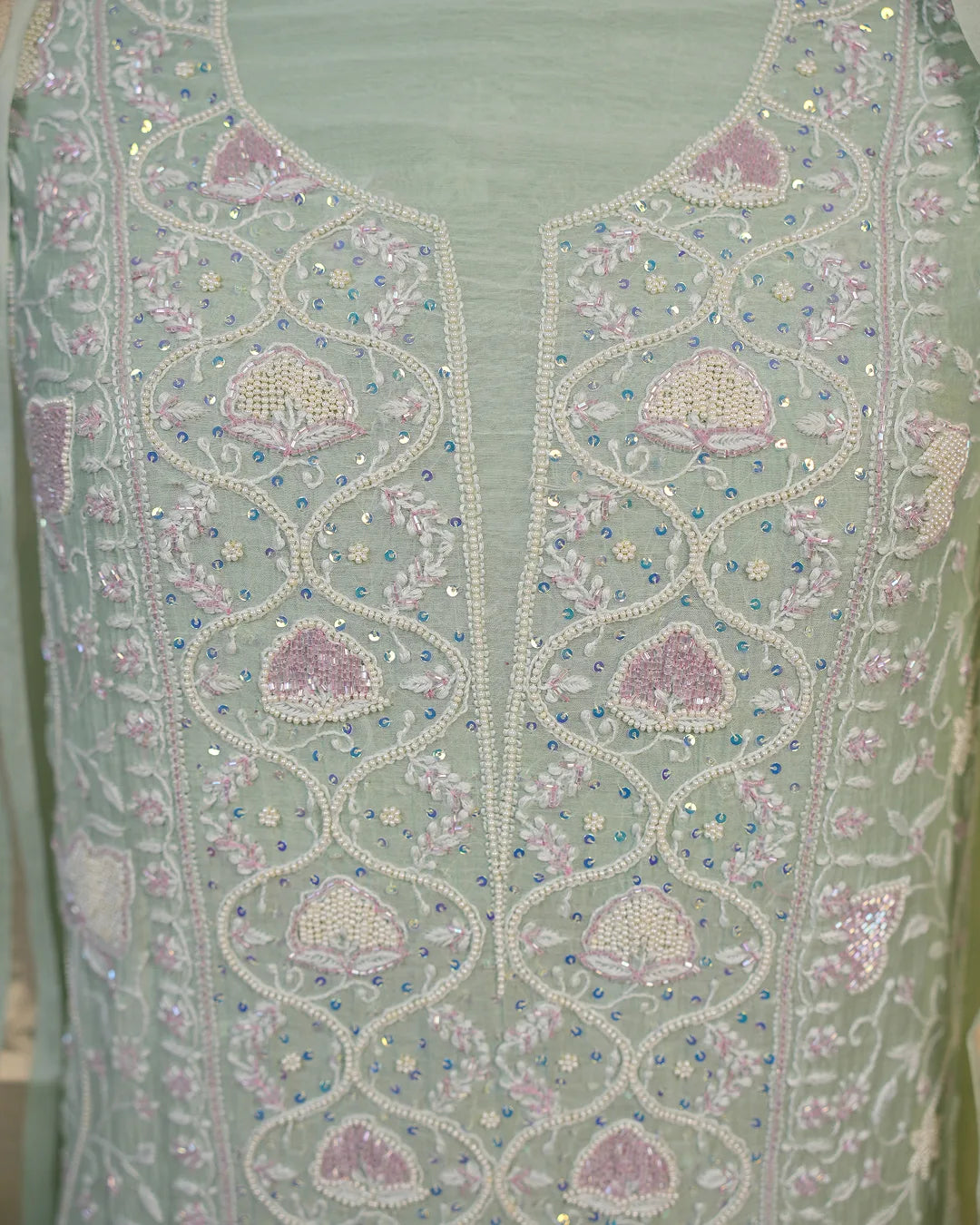 Mint Green Handcrafted Lucknowi Chikankari Unstitched Ensemble With Dupatta
