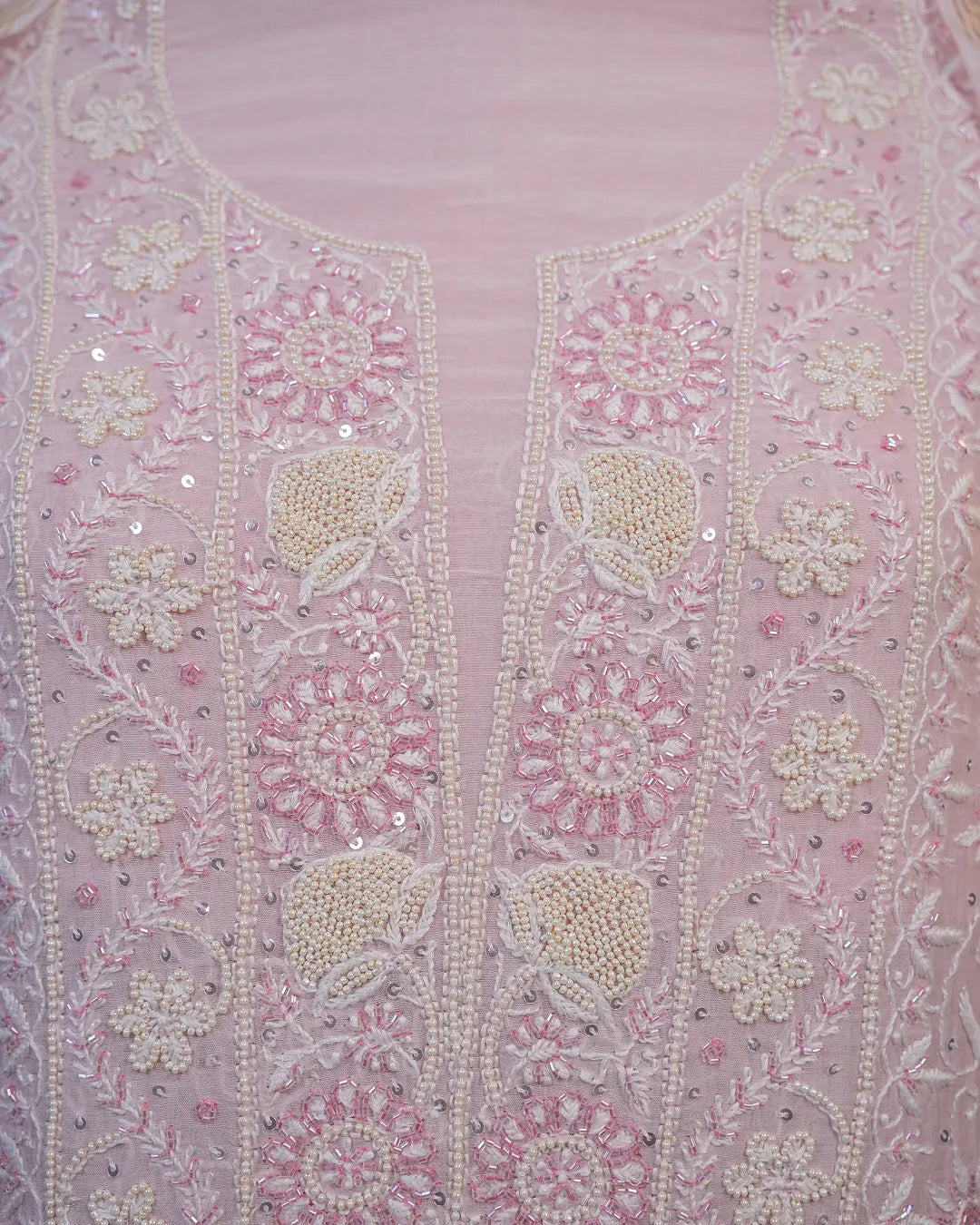 Soft Blush Pink Handcrafted Lucknowi Chikankari Unstitched Ensemble With Dupatta