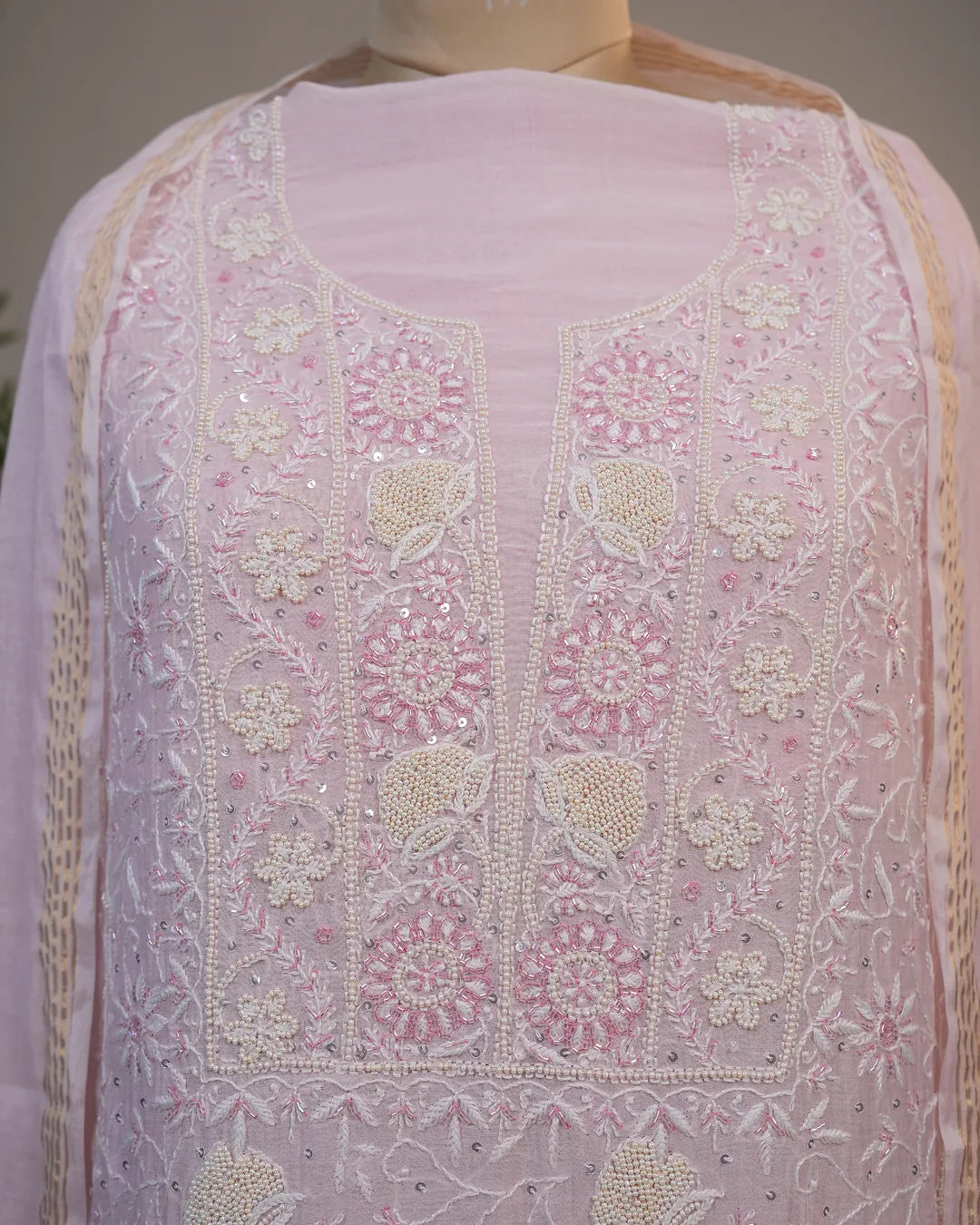 Blush Pink Handcrafted Lucknowi Chikankari Unstitched Ensemble With Dupatta