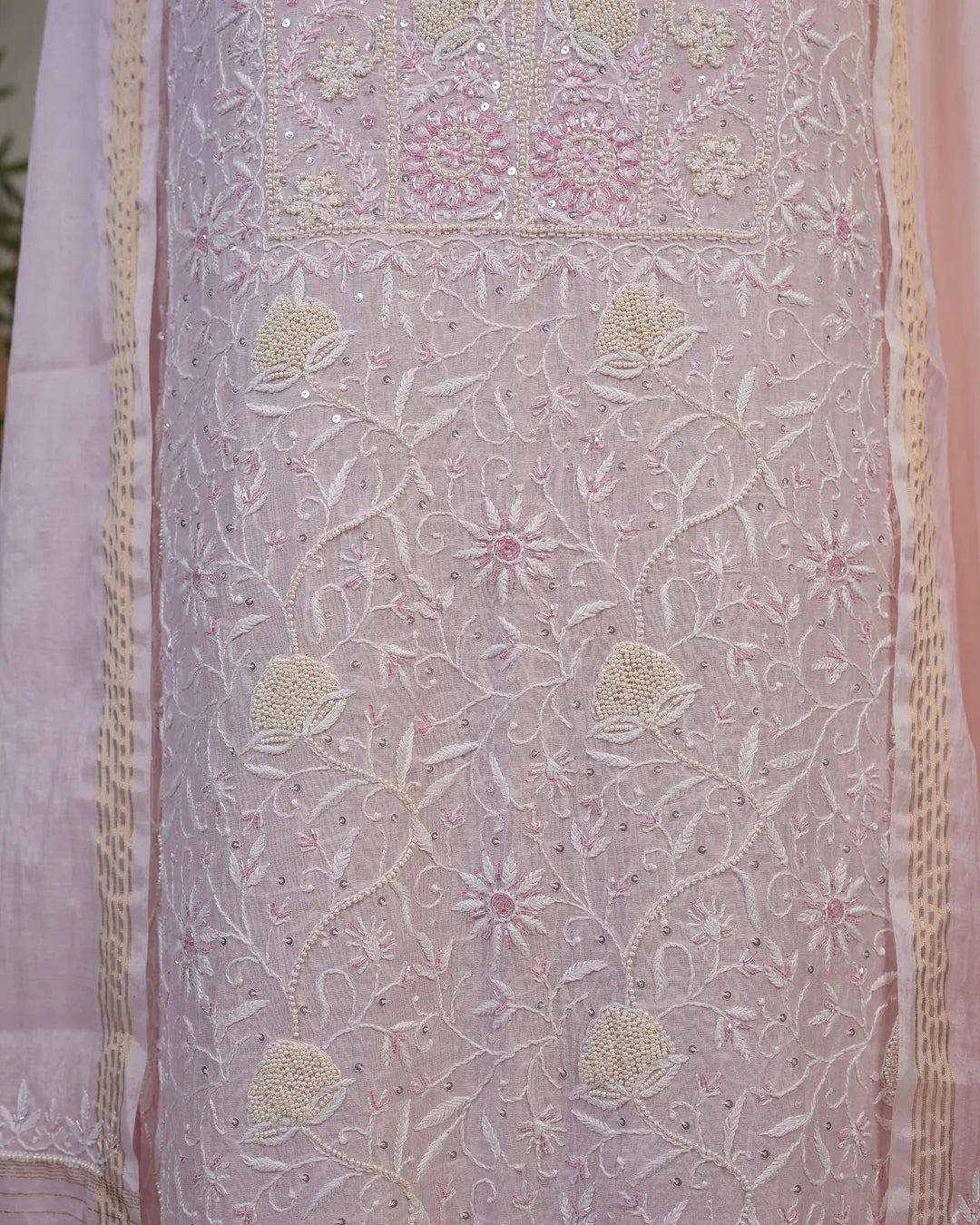 Blush Pink Handcrafted Lucknowi Chikankari Unstitched Ensemble With Dupatta
