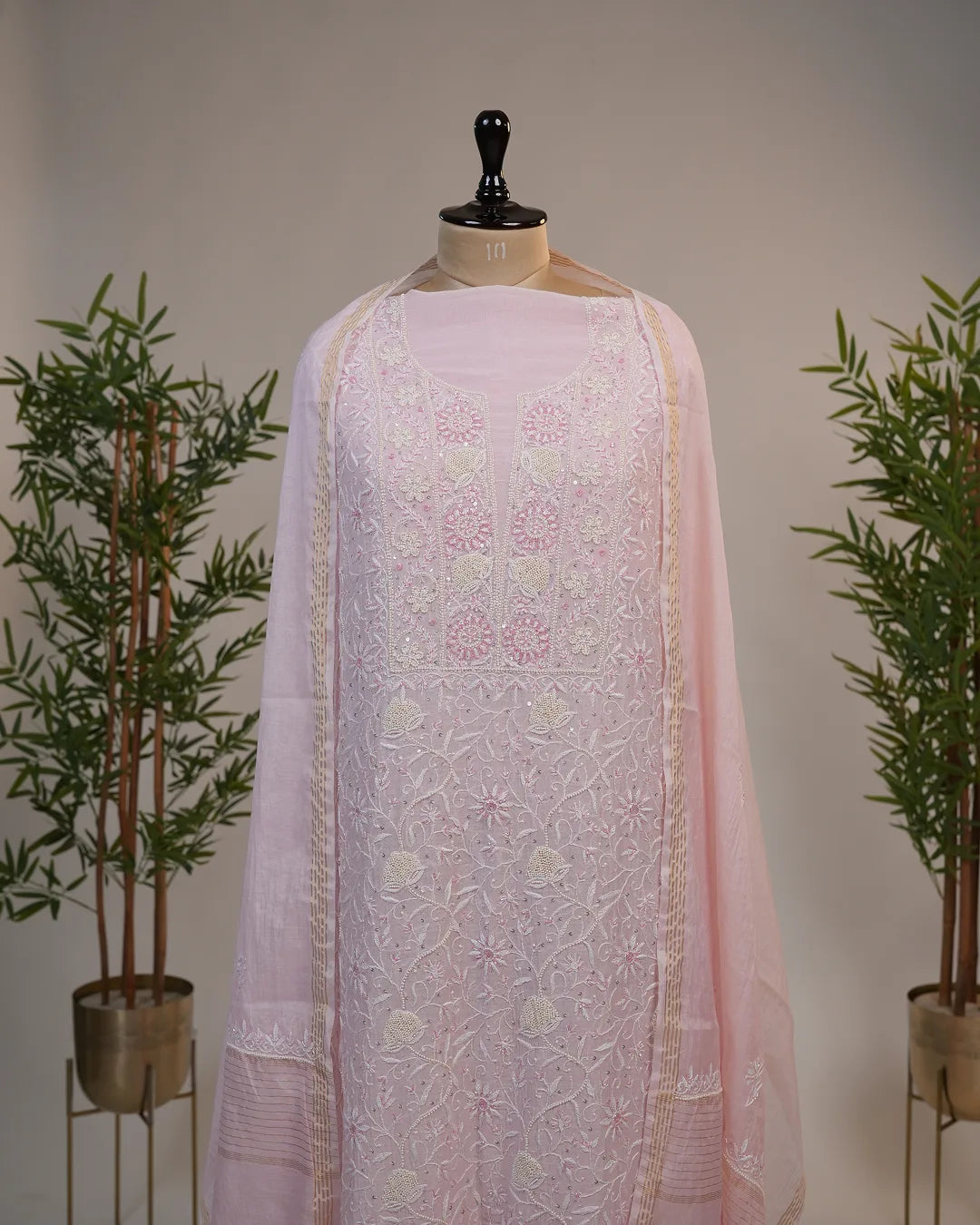 Blush Pink Handcrafted Lucknowi Chikankari Unstitched Ensemble With Dupatta