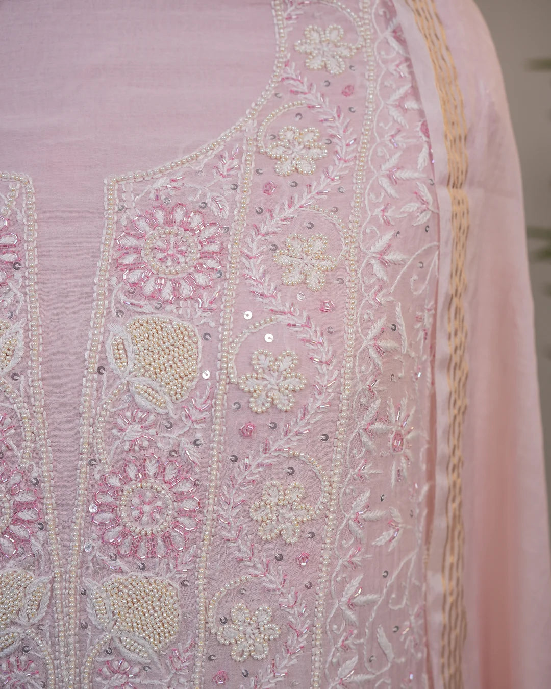 Blush Pink Handcrafted Lucknowi Chikankari Unstitched Ensemble With Dupatta