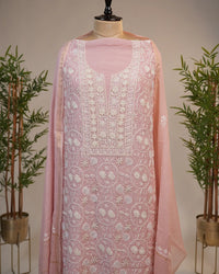Blush Pink Handcrafted Lucknowi Chikankari Unstitched Ensemble With Dupatta