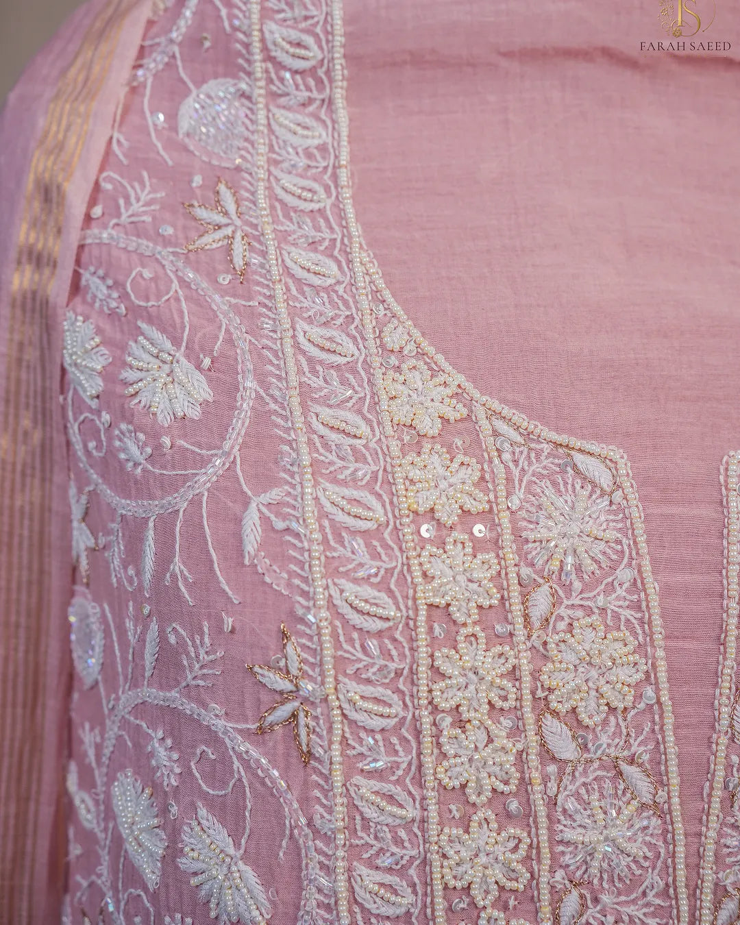 Blush Pink Handcrafted Lucknowi Chikankari Unstitched Ensemble With Dupatta
