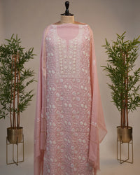 Blush Pink Handcrafted Lucknowi Chikankari Unstitched Ensemble With Dupatta
