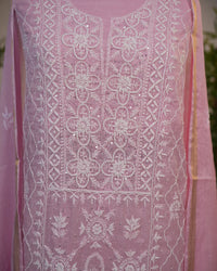 Soft Blush Pink Handcrafted Lucknowi Chikankari Unstitched Ensemble with Mul Chanderi Dupatta