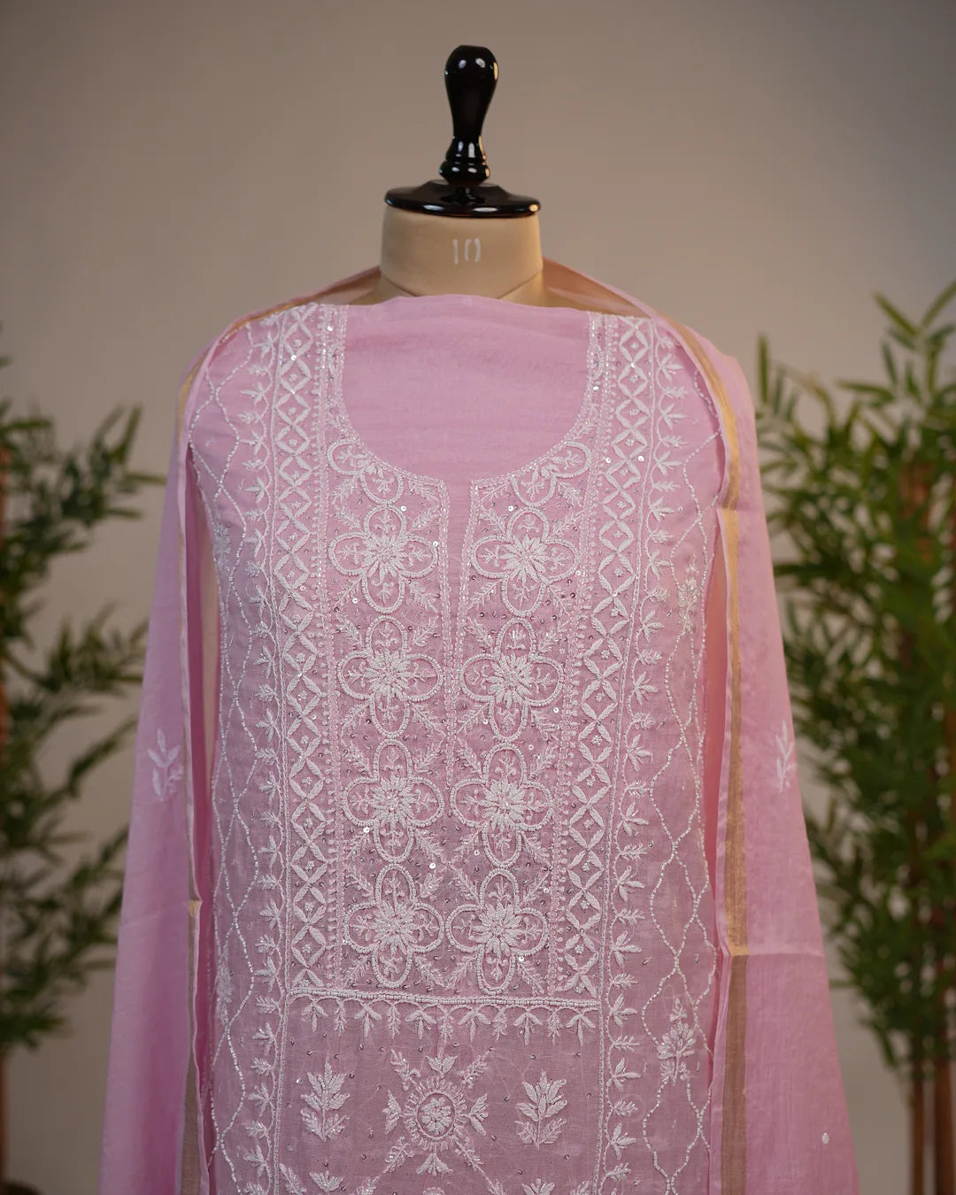 Soft Blush Pink Handcrafted Lucknowi Chikankari Unstitched Ensemble with Mul Chanderi Dupatta