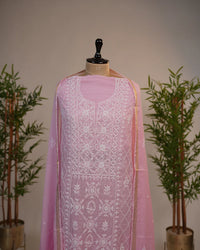 Soft Blush Pink Handcrafted Lucknowi Chikankari Unstitched Ensemble with Mul Chanderi Dupatta