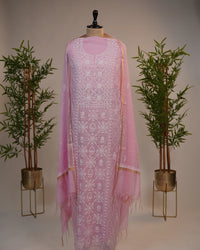 Soft Blush Pink Handcrafted Lucknowi Chikankari Unstitched Ensemble with Mul Chanderi Dupatta