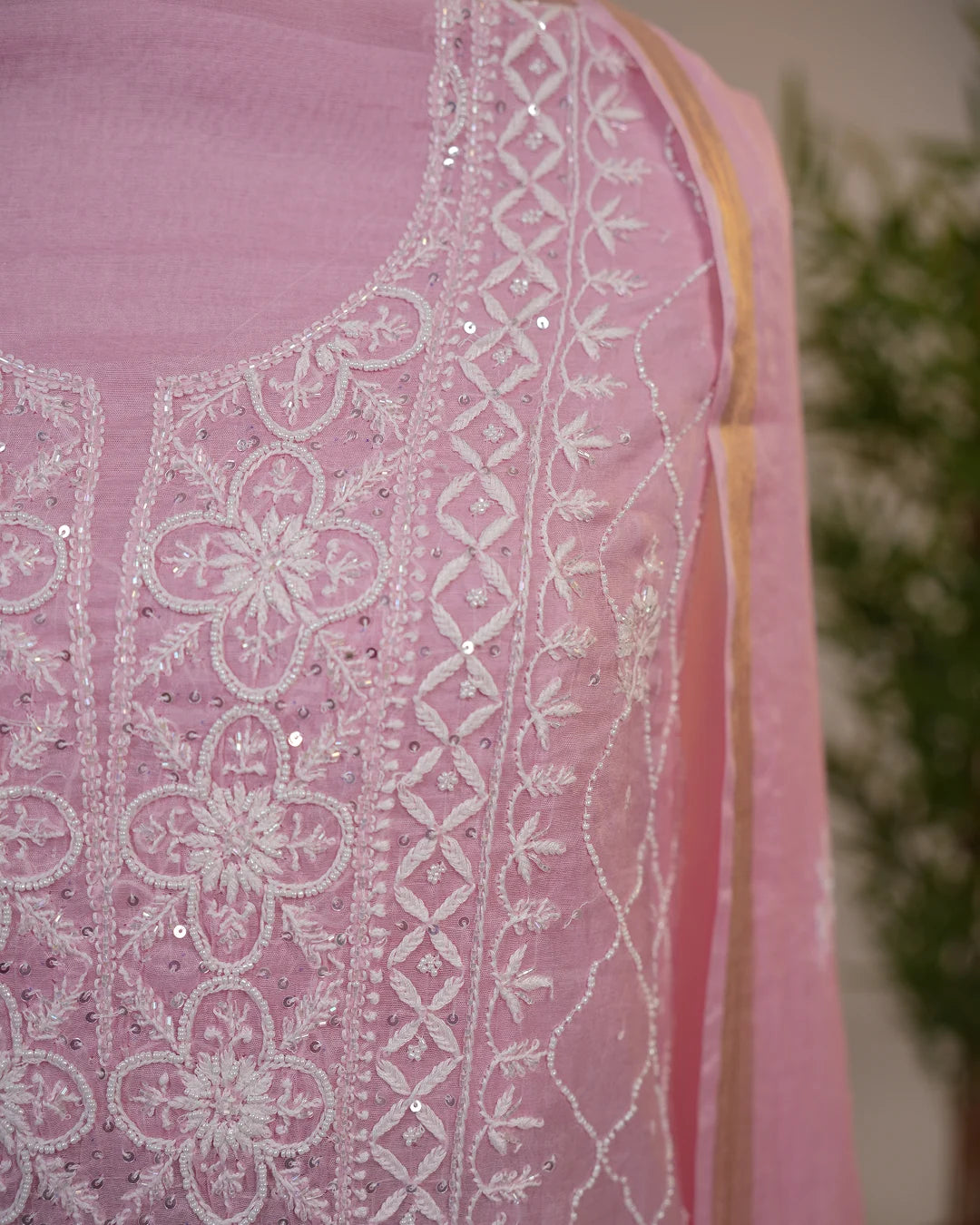 Soft Blush Pink Handcrafted Lucknowi Chikankari Unstitched Ensemble with Mul Chanderi Dupatta