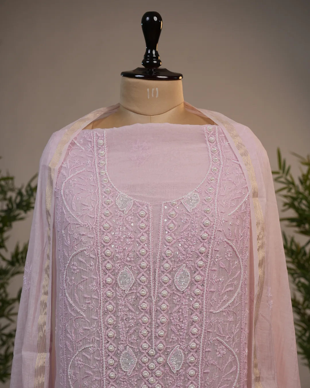 Blush Pink Handcrafted Lucknowi Chikankari Luxury Unstitched Suit Set with Dupatta