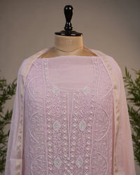 Blush Pink Handcrafted Lucknowi Chikankari Luxury Unstitched Suit Set with Dupatta